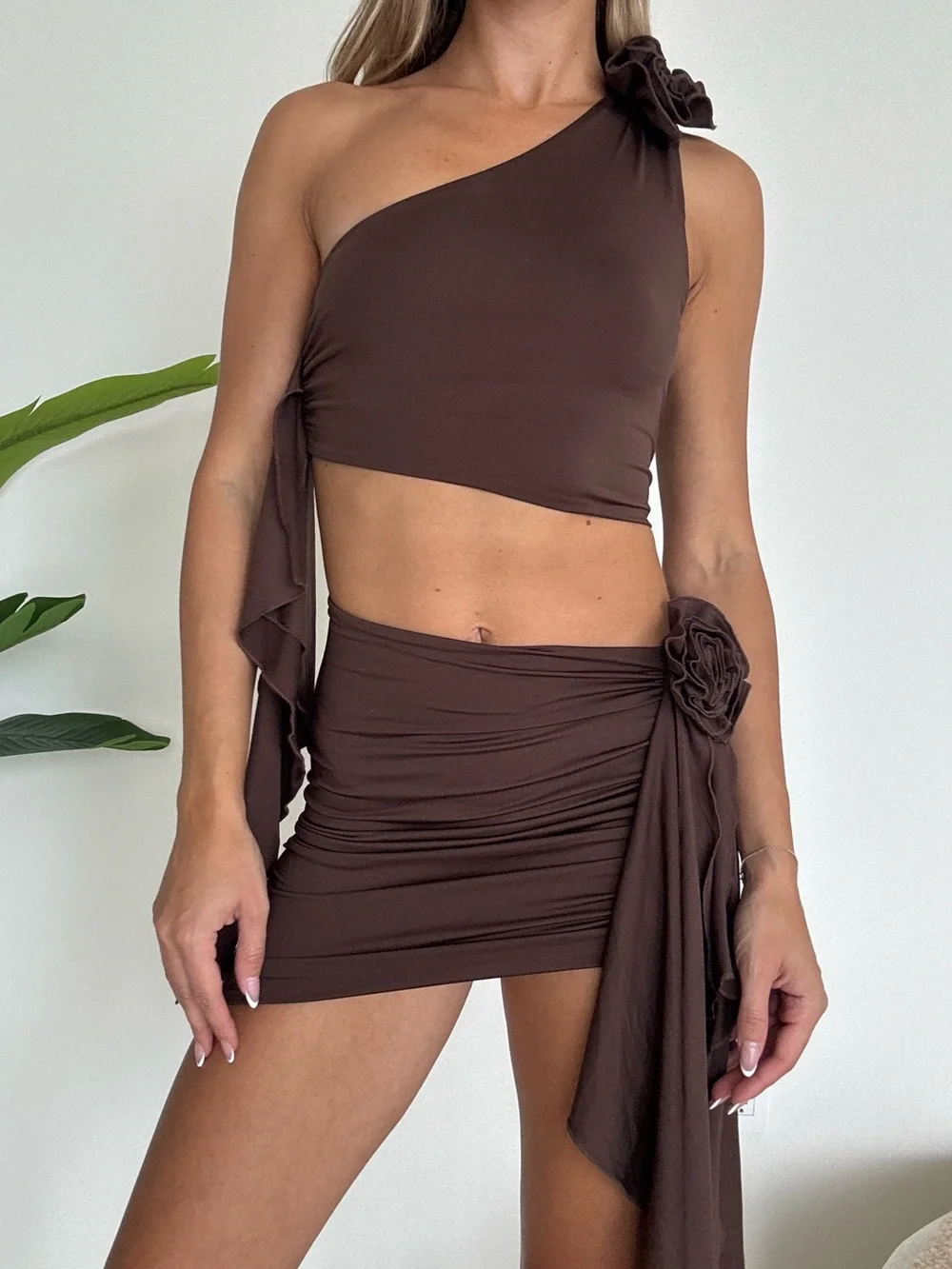 Lovers and Friends Brown One-Shoulder Crop Top & Mini Skirt Set